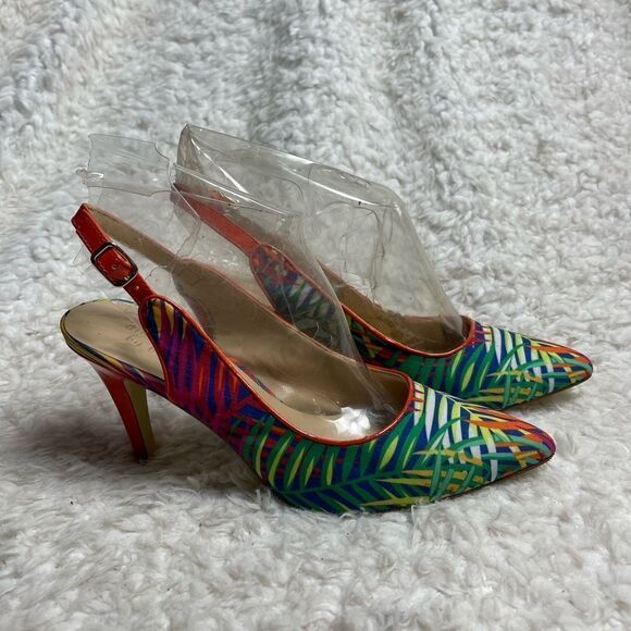 Ann Marino  Fabric tropical prints Neon colors sling back heels pointed toe SZ8M - Picture 1 of 10